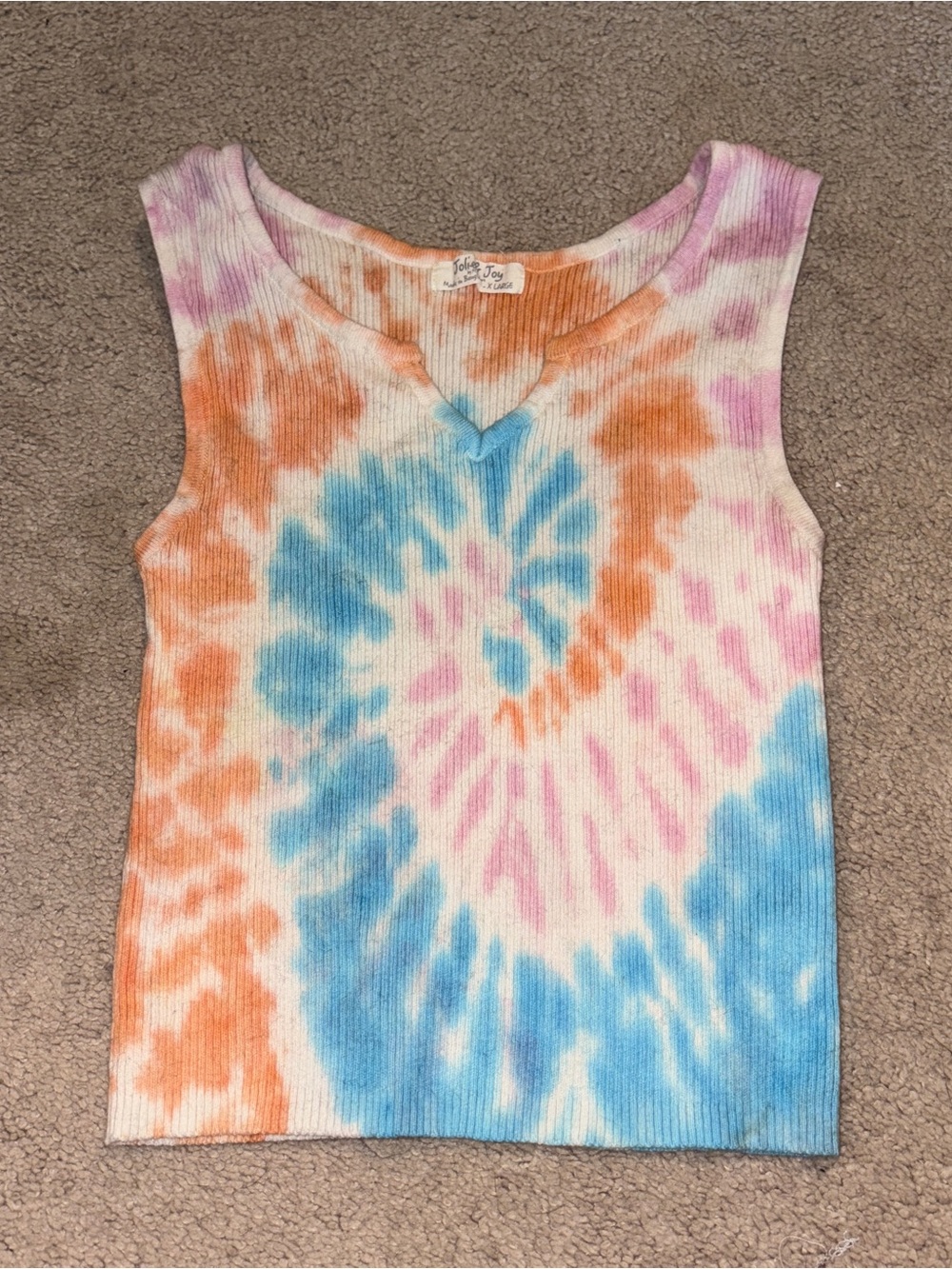 Tie-Dye Ribbed V-Neck Crop Tank Top in Blue, Orange & Pink